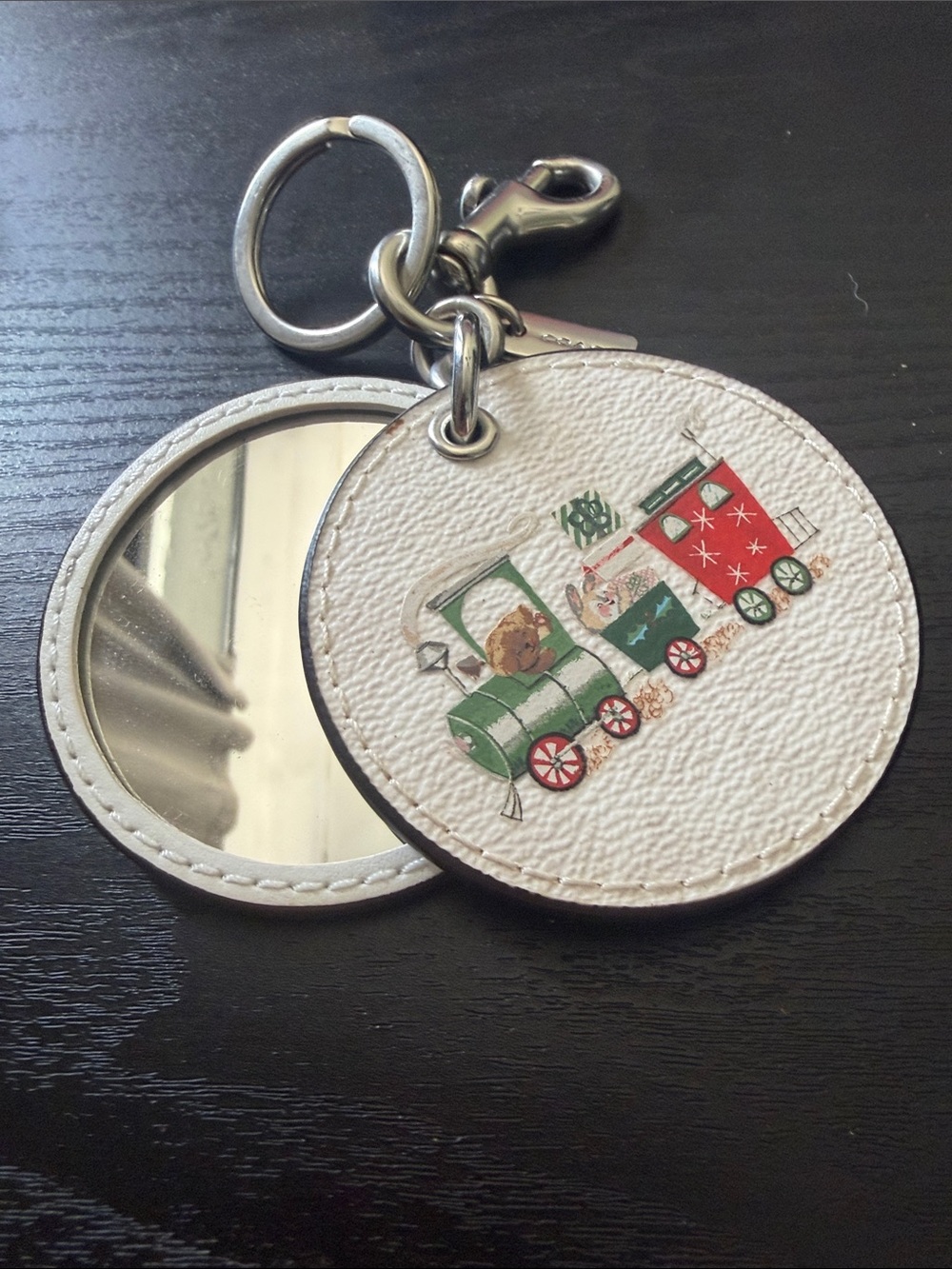 Coach White Cream Double Round Leather Keychain Charm